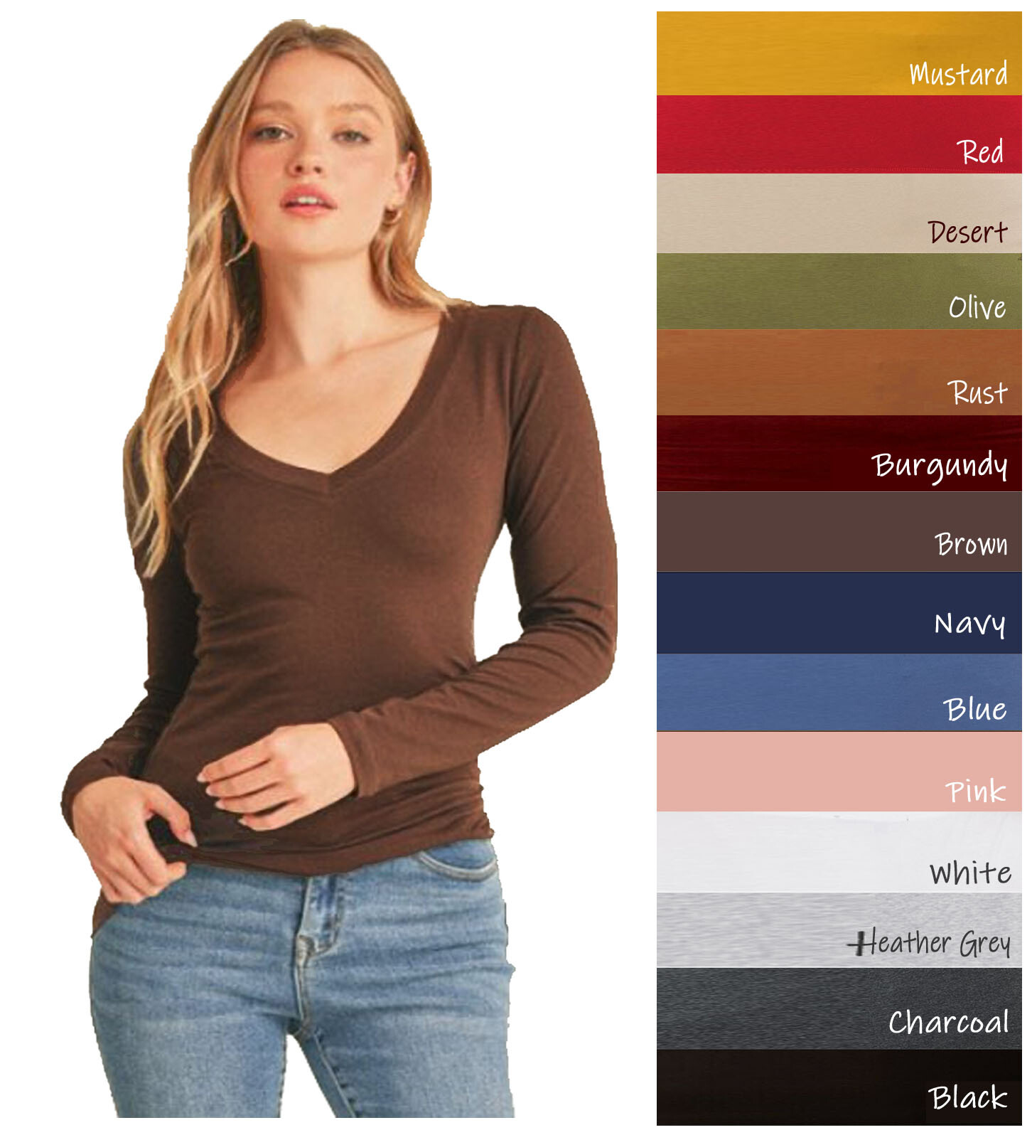 Ambiance Basic Jersey Cotton Deep V-Neck Long Sleeve Casual Tee Shirt