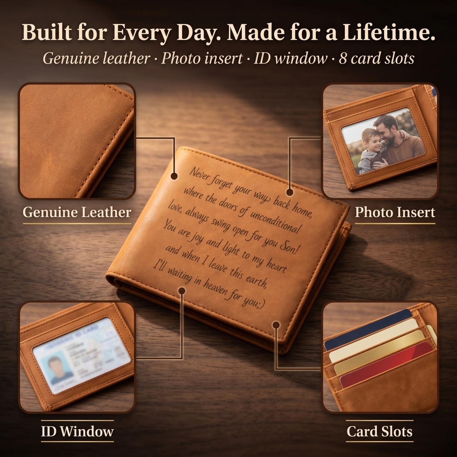 Personalized Wallet for Men Engraved with Photo – 3.5 x 4.3 inches, Brown