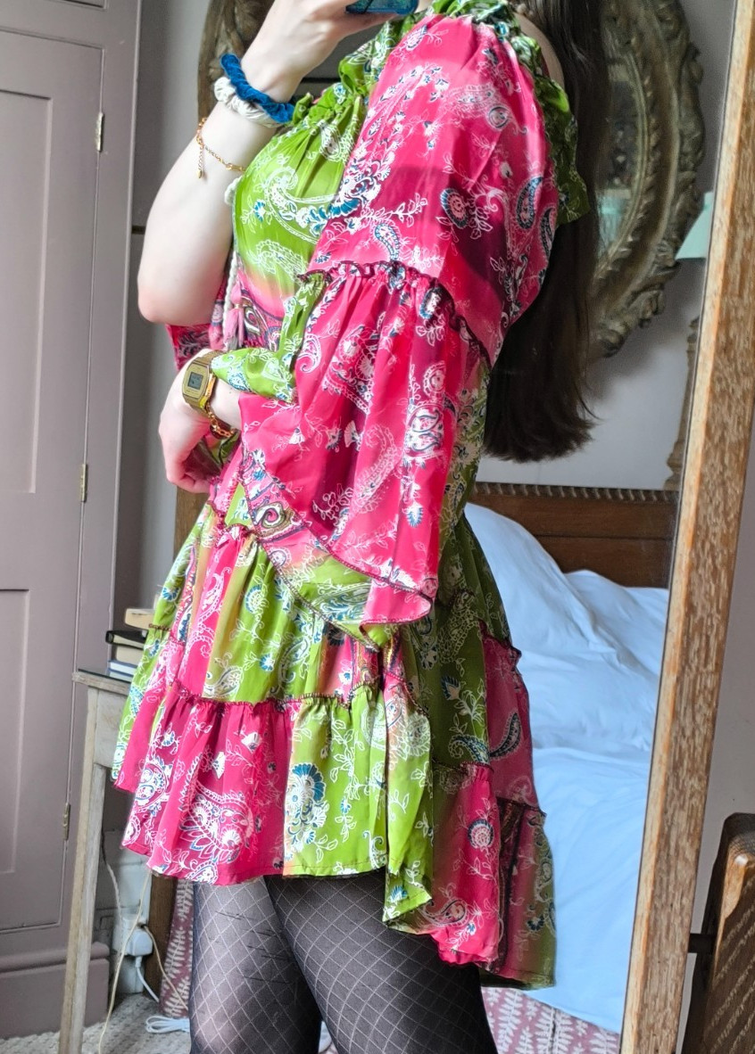 BOHO Faux Silk Flared Fluonce Sleeve Tiered Tunic Paisley Mini Dress 8 10 12 14