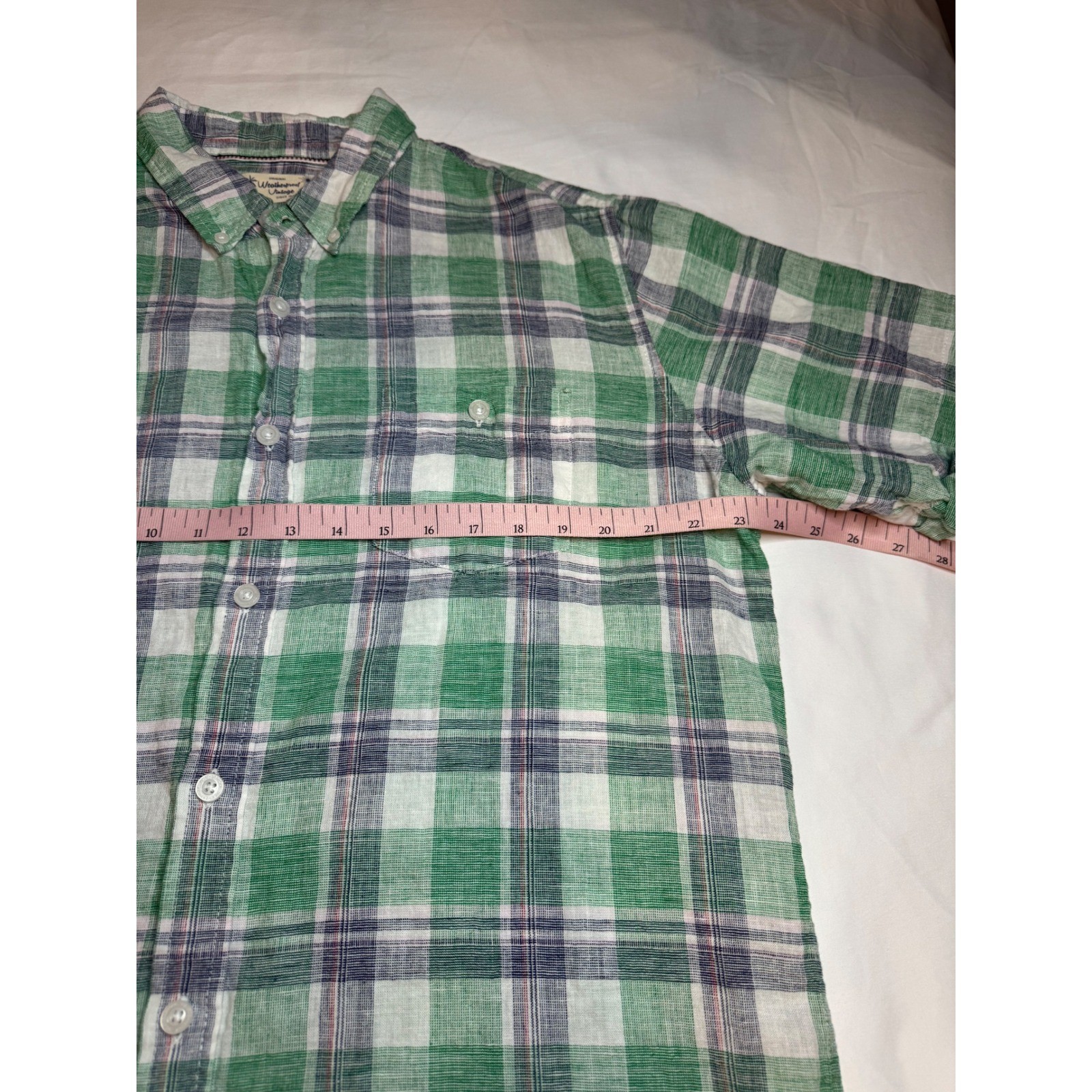 Weatherproof Vintage Mens Large Green Plaid Linen Cotton Short Sleeve Shirt