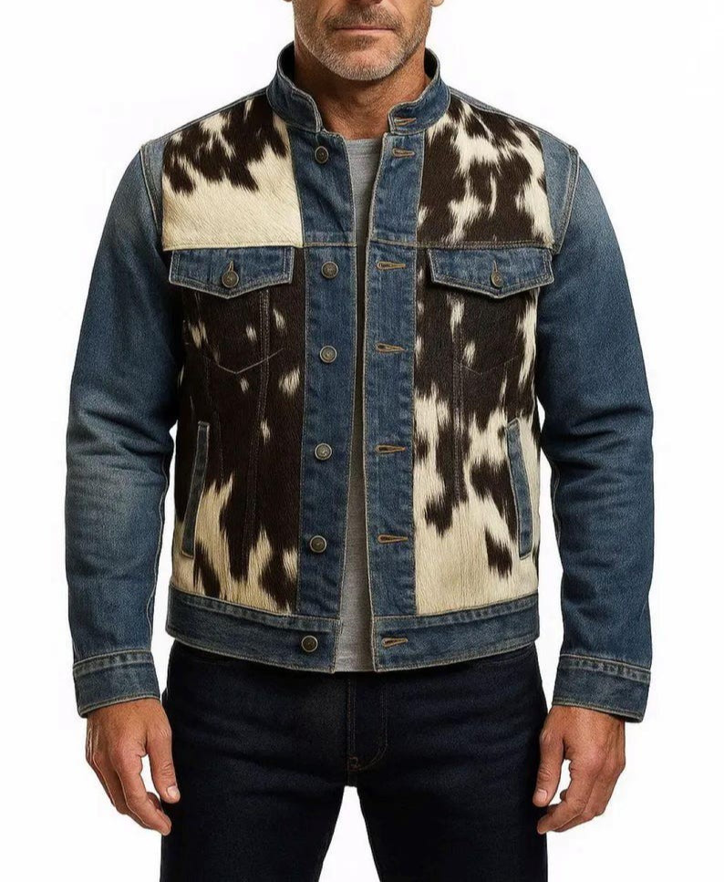 Genuine Cowhide Hair on Leather Jacket for Men | Western Rodeo Denim Jacket
