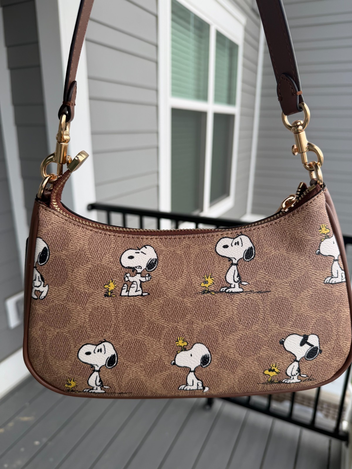NWT COACH x PEANUTS Teri Shoulder Bag CBJ88 Snoopy Tan Brown Signature Canvas NE