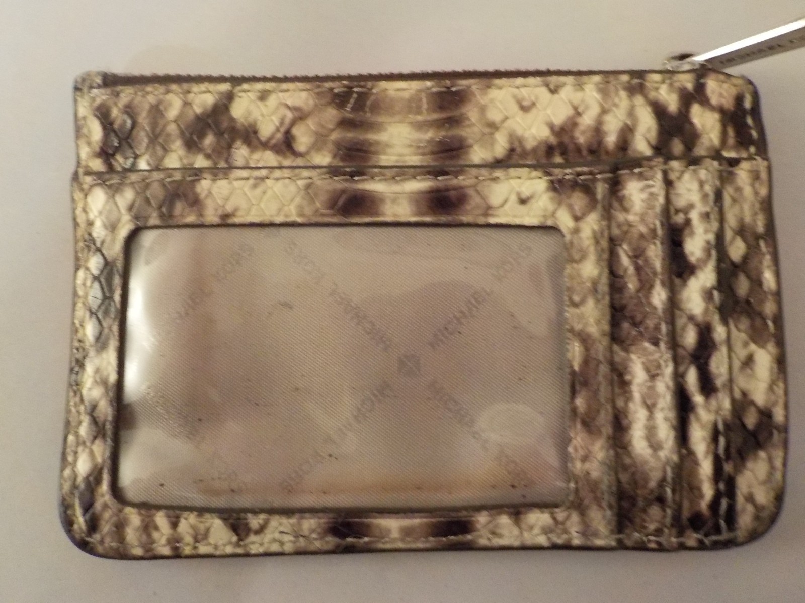 MICHAEL KORS Snakeskin Coin Purse Keychain, Silver Hardware MK Logo, 5 X 3.5 in