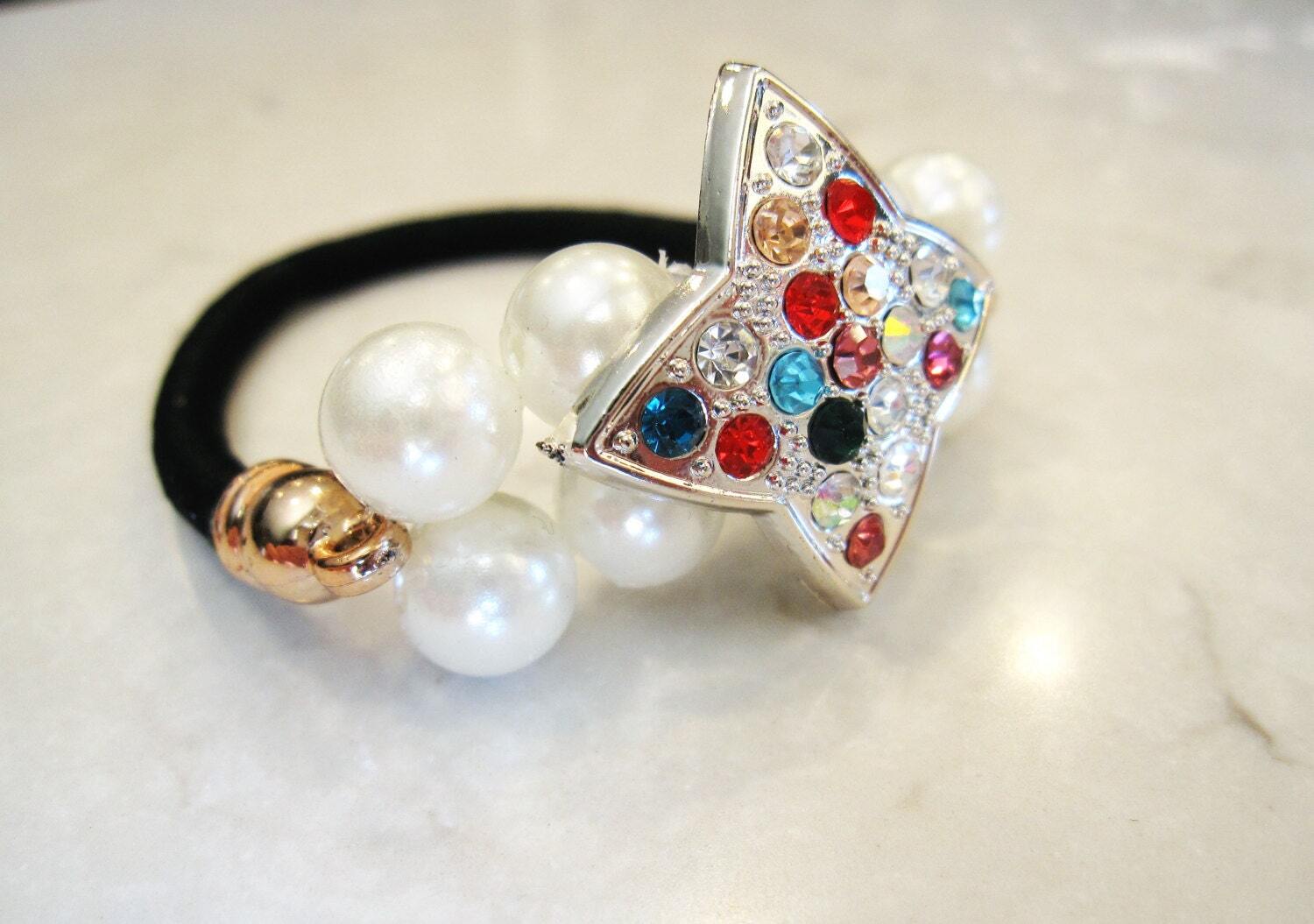 Pearl beads with colorful crystal star hair tie ponytail holders elastic tie