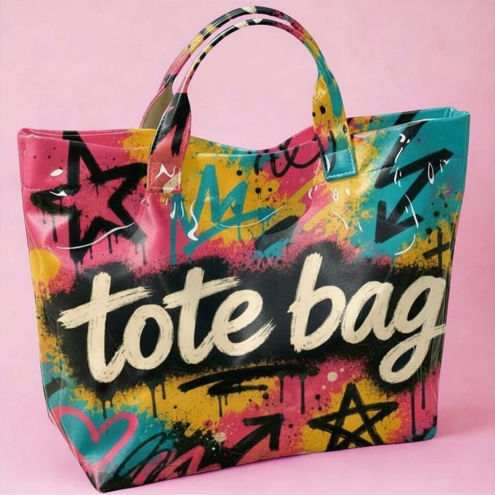 Graffiti Print PVC Tote Bag Large Capacity Waterproof Colorful Street Art Y2K