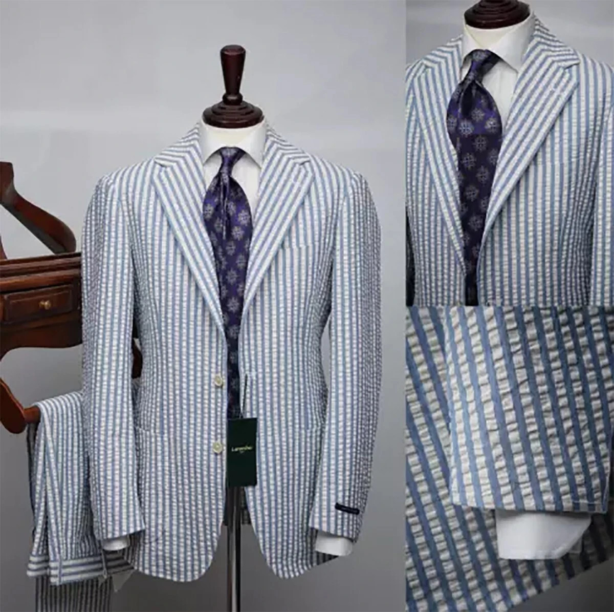 Business Men Suits Single Breasted Seersucker Slim Fit Notch Lapel Wide Striped