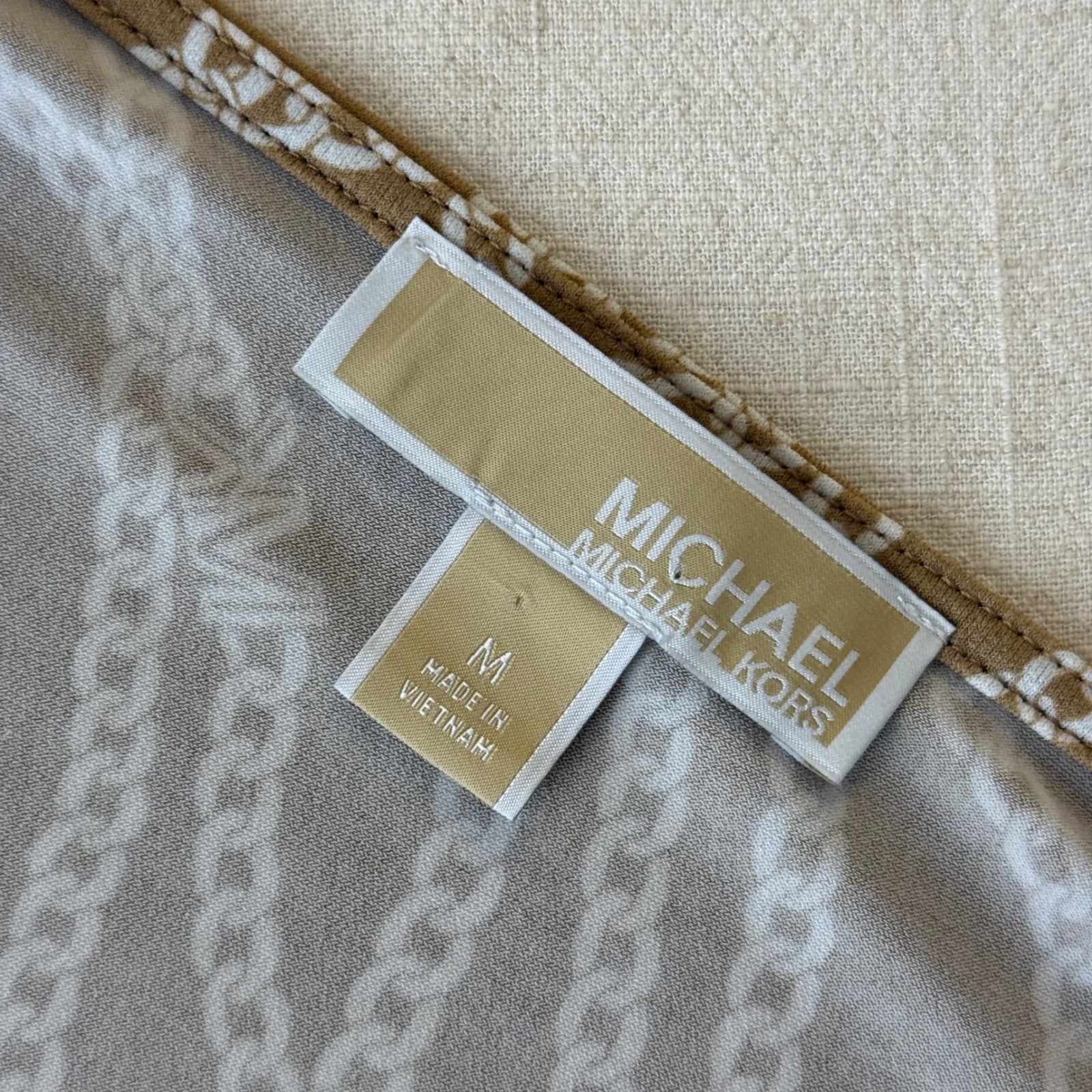 Michael Kors Women Medium Tan Chain Link MK Logo Faux Wrap V-Neck Blouse Top