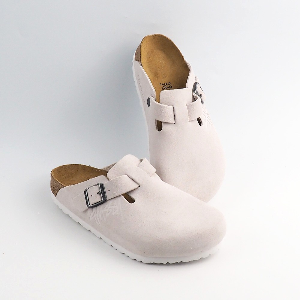 Birkenstock × Stussy Boston Clog Bone White Suede Leather Shoes Wide Size 37-45