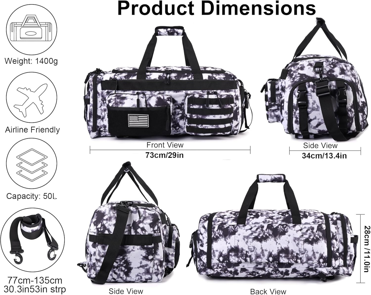 50L Tactical 3-in-1 Gym Duffle Backpack Laptop Shoe Compartment Travel Bag Black