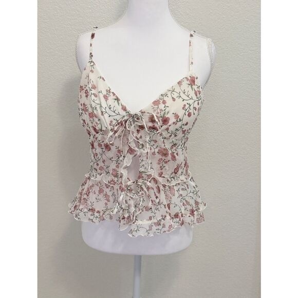 NWT Hollister Floral Chiffon Tie Front Peplum Cami Top White Pink Medium