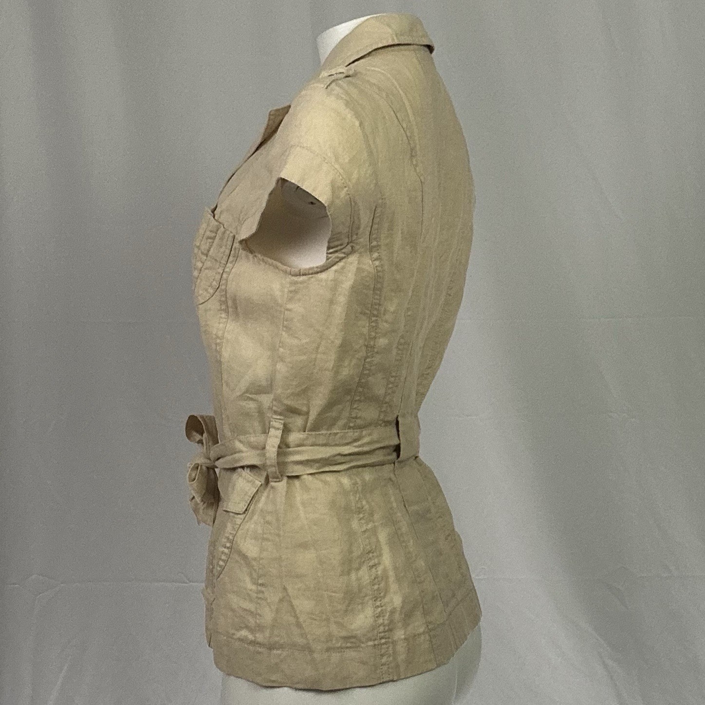 Apanage Vintage Y2K Jacket Top Safari 100% Linen Belted Khaki Short Sleeve US 4