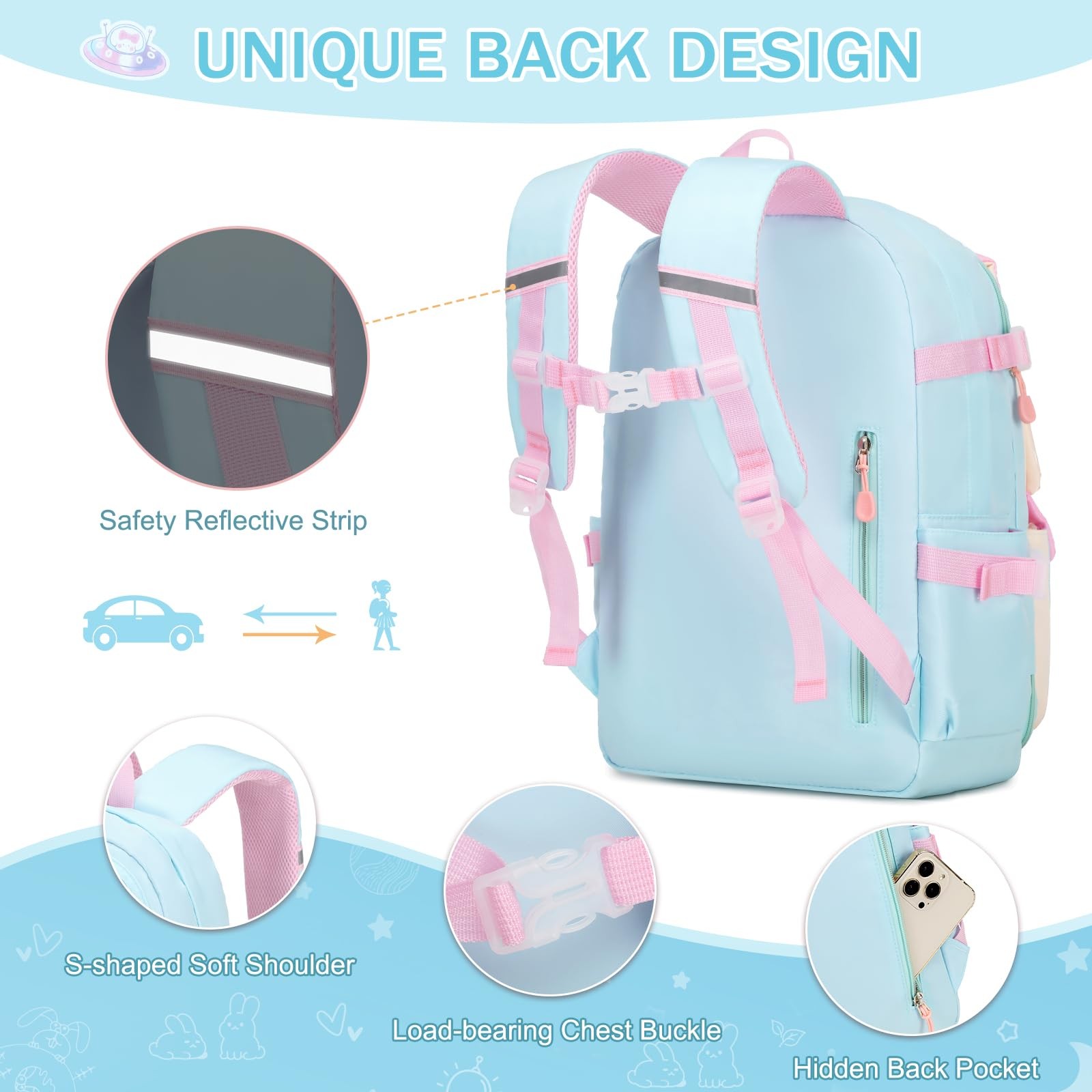 Girls Backpack Set 12.6×6.7×17.3in Kawaii Bunny School Bags – Ideal
