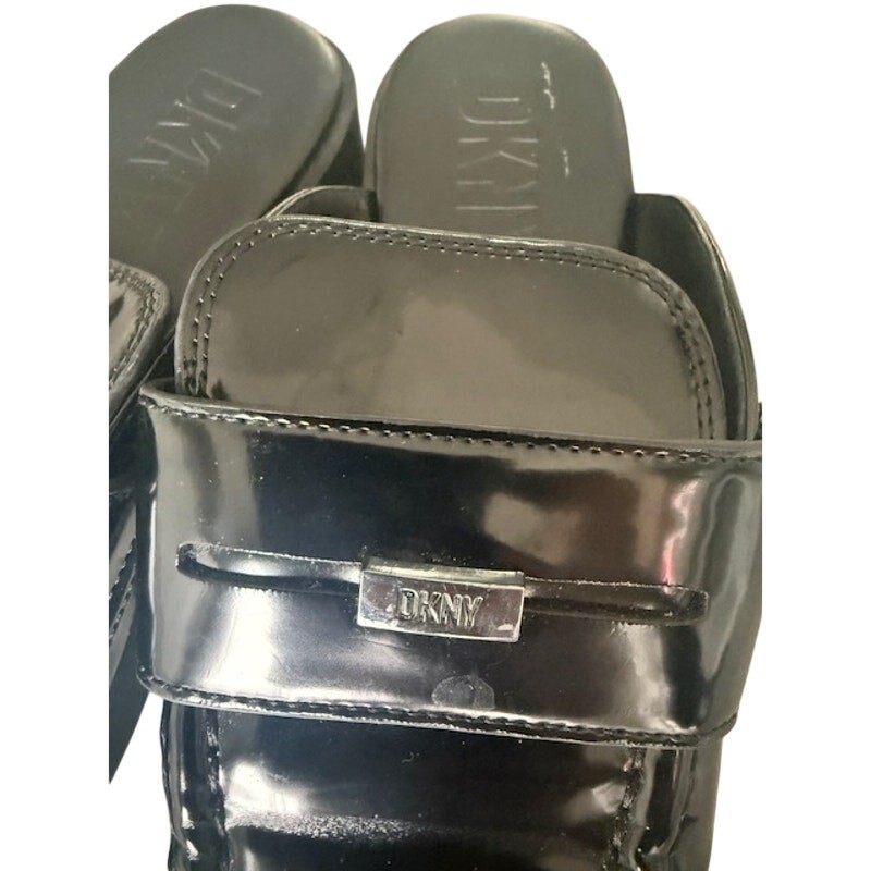 DKNY Black Patent Leather Penny Loafer Mules Slides Size 7.5