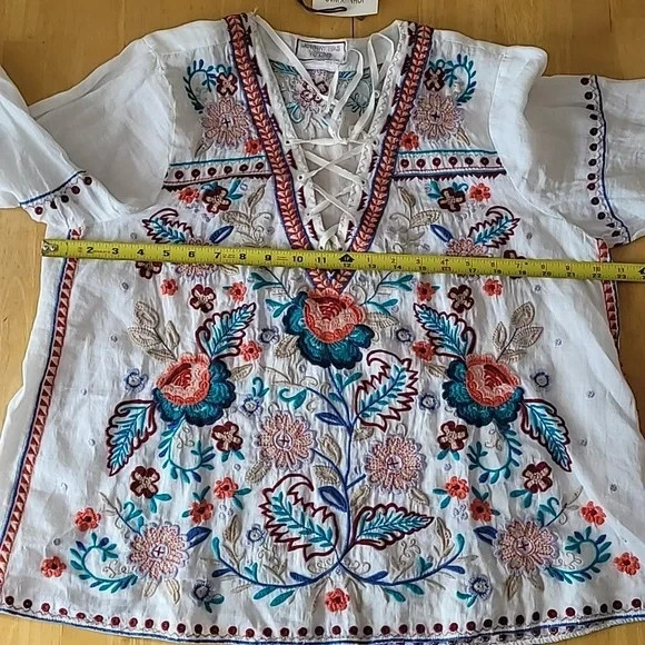 Johnny Was Oman Laceup Swing Embroidered Blouse Size L