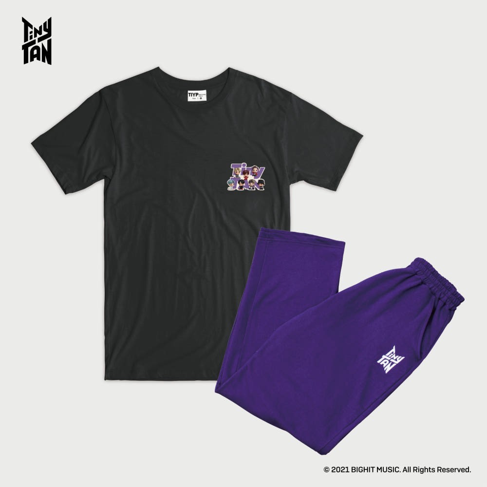 BTS TinyTAN Logo Black Pajama Set Purple Pants Official BigHit Sleepwear