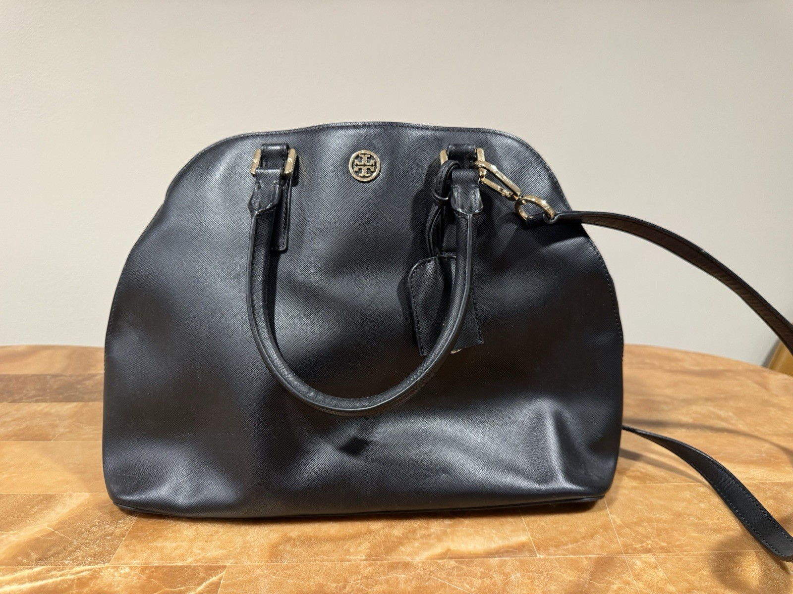 Tory Burch Small Black Saffiano Leather Top Handle Bag Dome Satchel Purse Gold