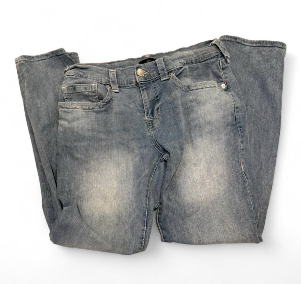 True Religion Men’s Relaxed Slim Straight Light Wash Faded Denim Jeans 32
