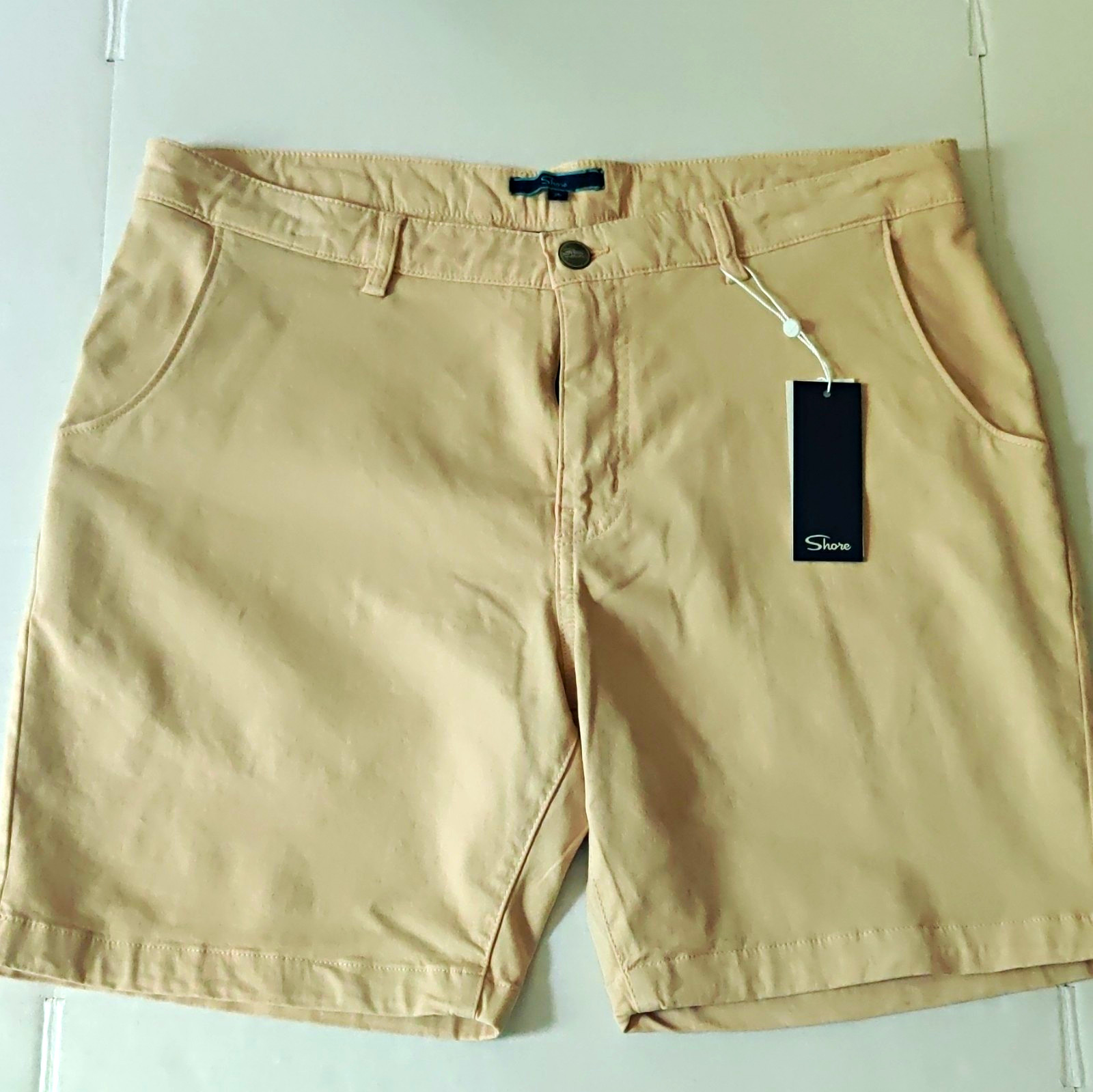 Shore Men’s Bowen 7.5″ Chino Shorts Beige Cotton Solid Flat Front Zip Pockets