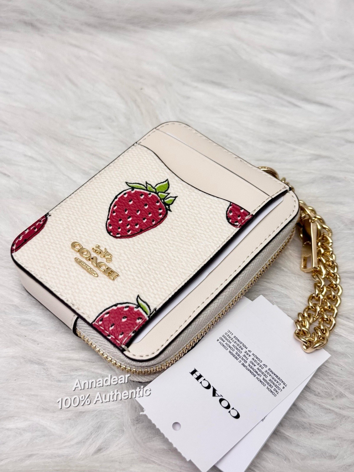Coach CAR32 Zip Card Case With Strawberry Print NWT Chalk Multi
