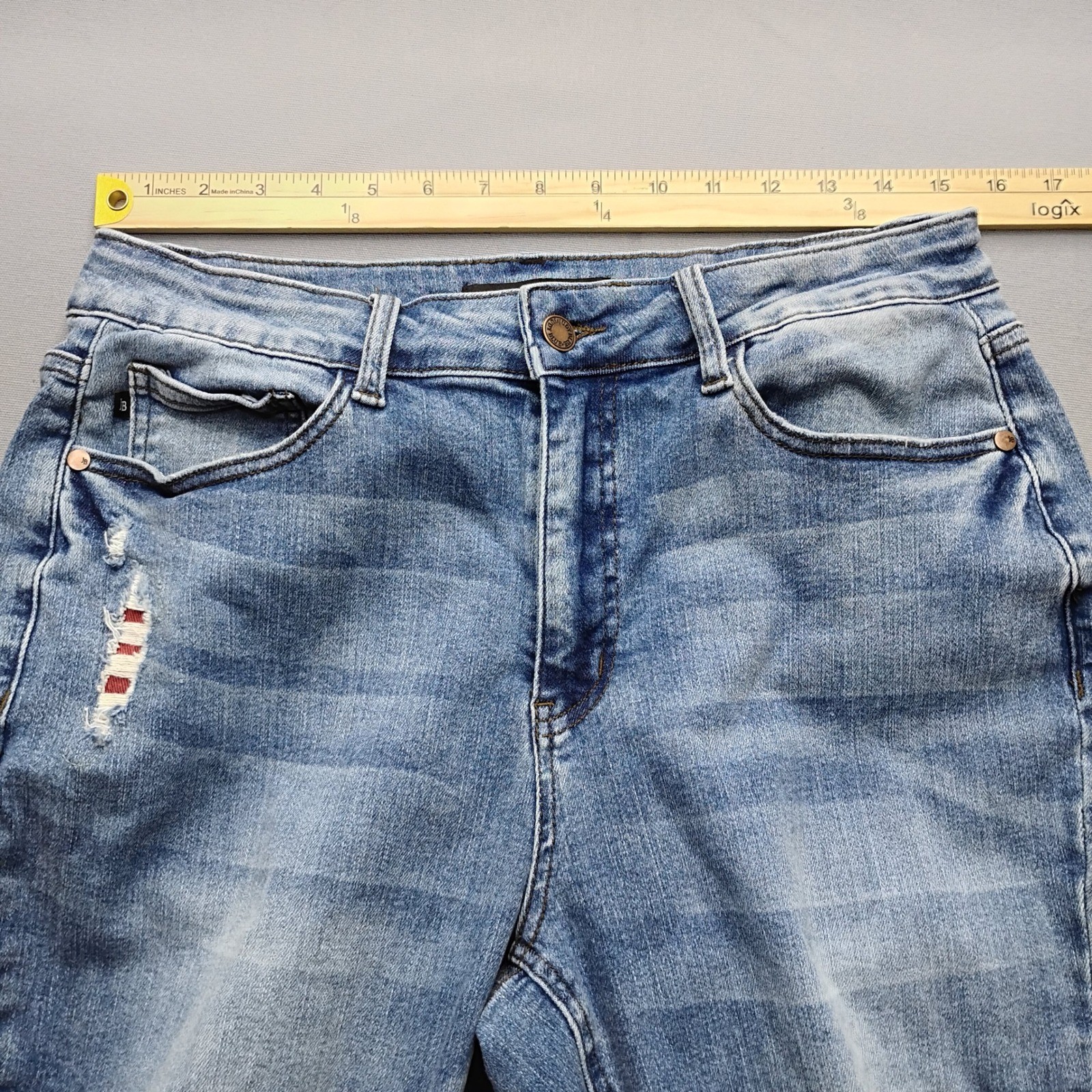 Judy Blue 14W Bootcut Jeans Distressed Plaid Patch Medium Wash JB88696 Womens