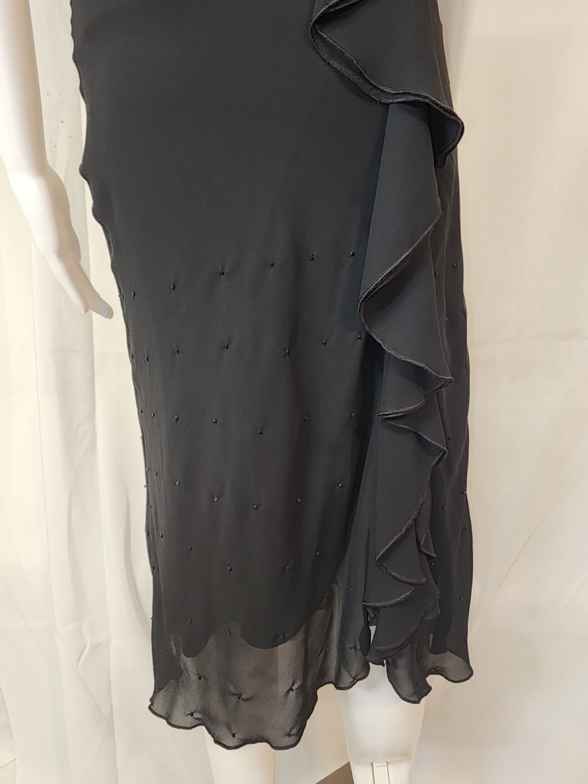 Lucia Figuredo,Black,Cascading Plunge,Flowing Sheer Overlay,Below Knee,SM,NWOT
