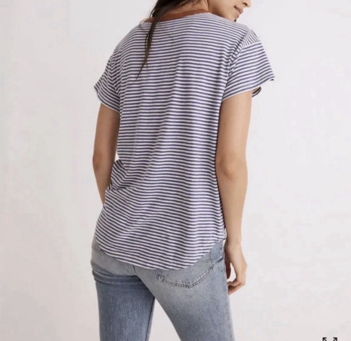 Madewell Navy and White Striped Tee with Brown Trim