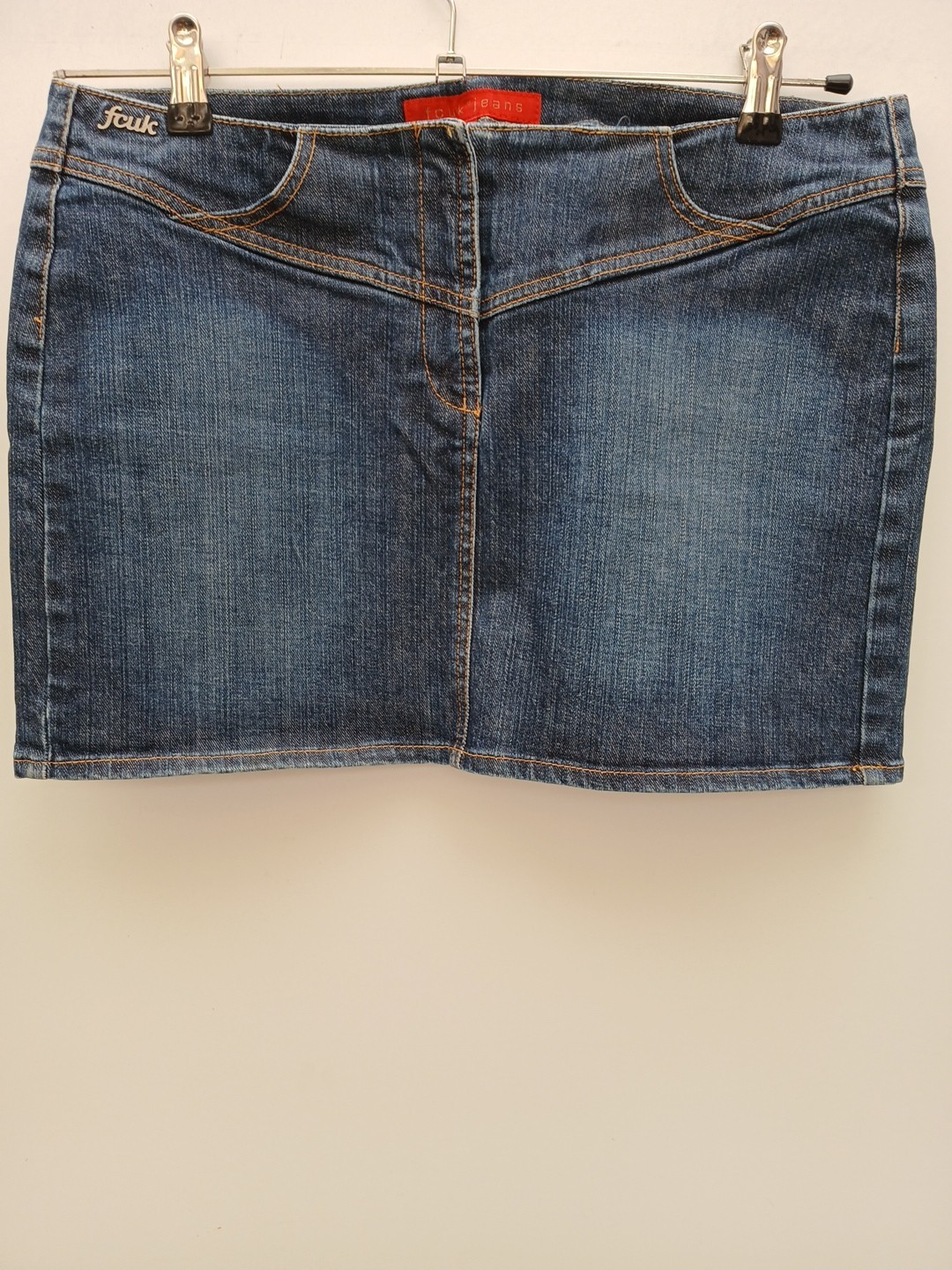 French Connection FCUK Denim Mini Skirt UK 14 Metal Logo Tag Zip and Hook Close.