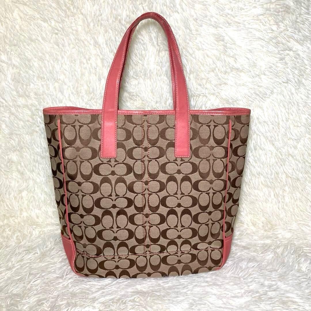 COACH Pink Brown Canvas Leather Tote Bag Logo Inner Pockets 11.8×12.6 in
