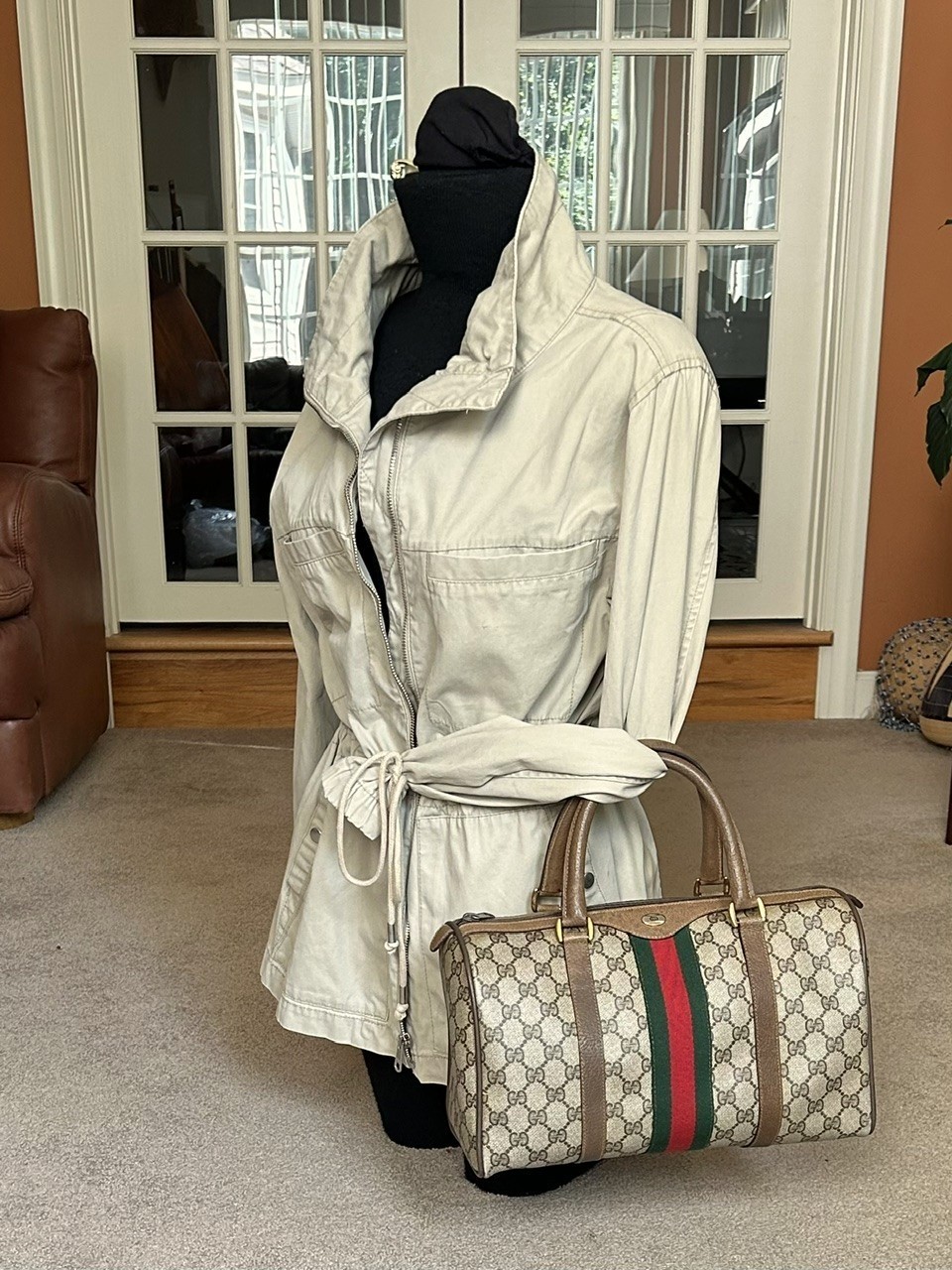 GUCCI GG Supreme Monogram Sherry Web Boston Bag, Tan