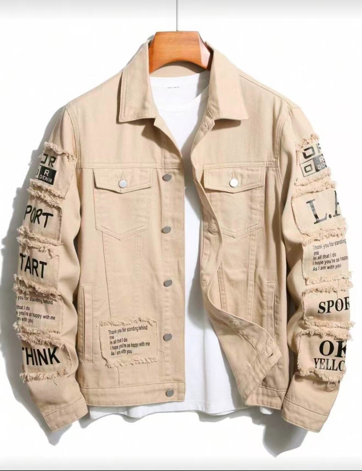Men’s Yellow Denim Jacket Slogan Letter Print Cotton Streetwear