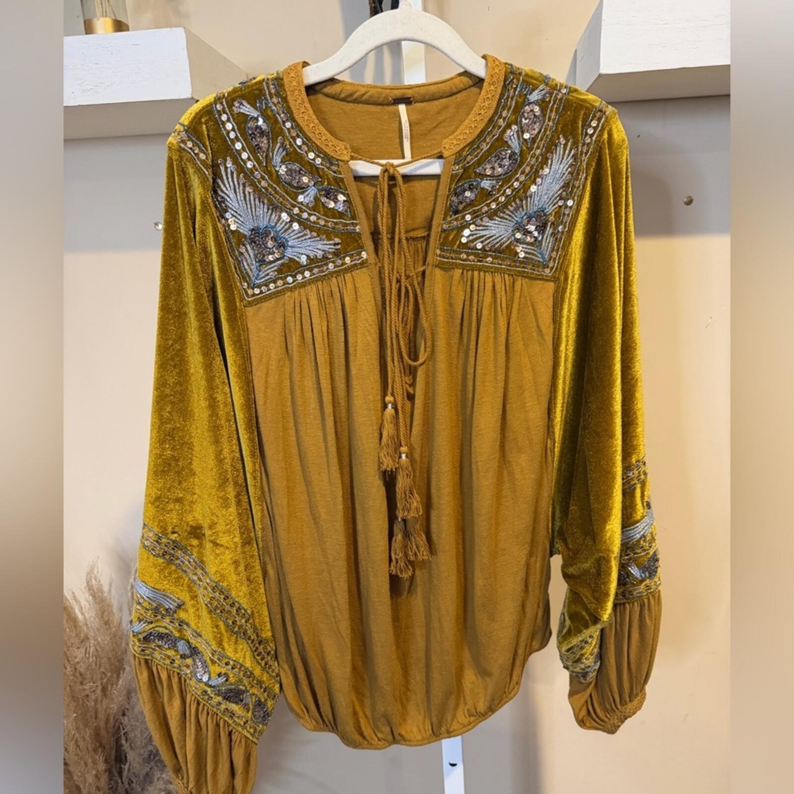 Free People Hearts Aflame Oversized Gold Velvet Embroidered Blouse