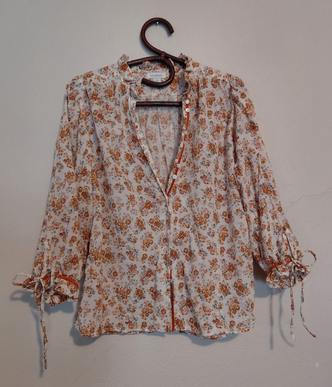 Sundance 100% Cotton Floral V-Neck Long Tie Sleeve Button Up Cottagecore Top S