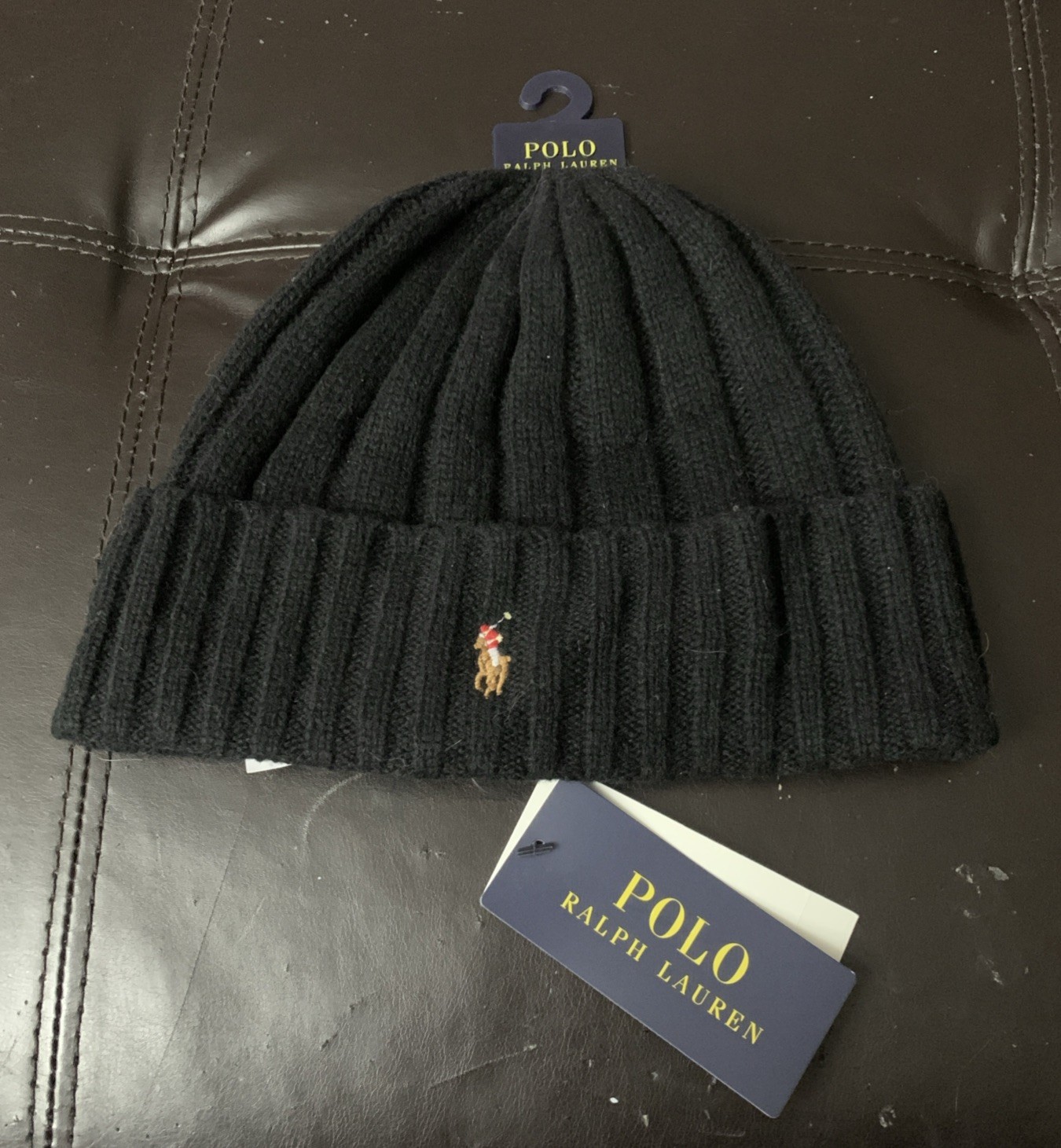 NWT Polo Ralph Lauren Beanie Wool Blend Ribbed Cuff Knit Black Multi Logo GB2H1