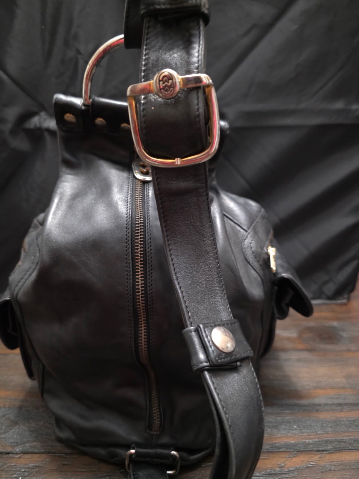 Marino Orlandi Italian Black Leather Metal Accents Sling Crossbody Bag