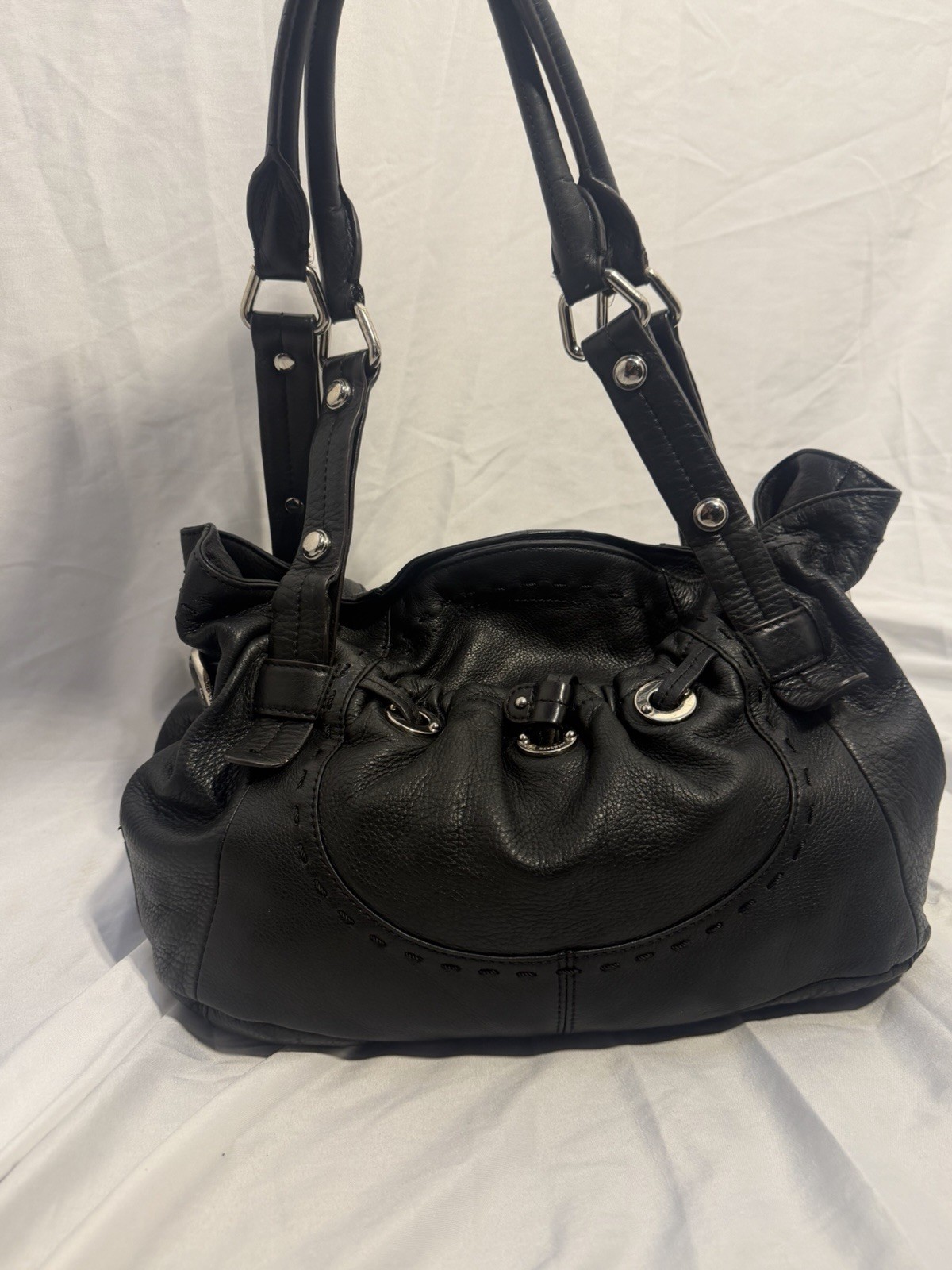 B Makowsky Black Soft Leather Hobo Shoulder Bag Purse Leopard Interior