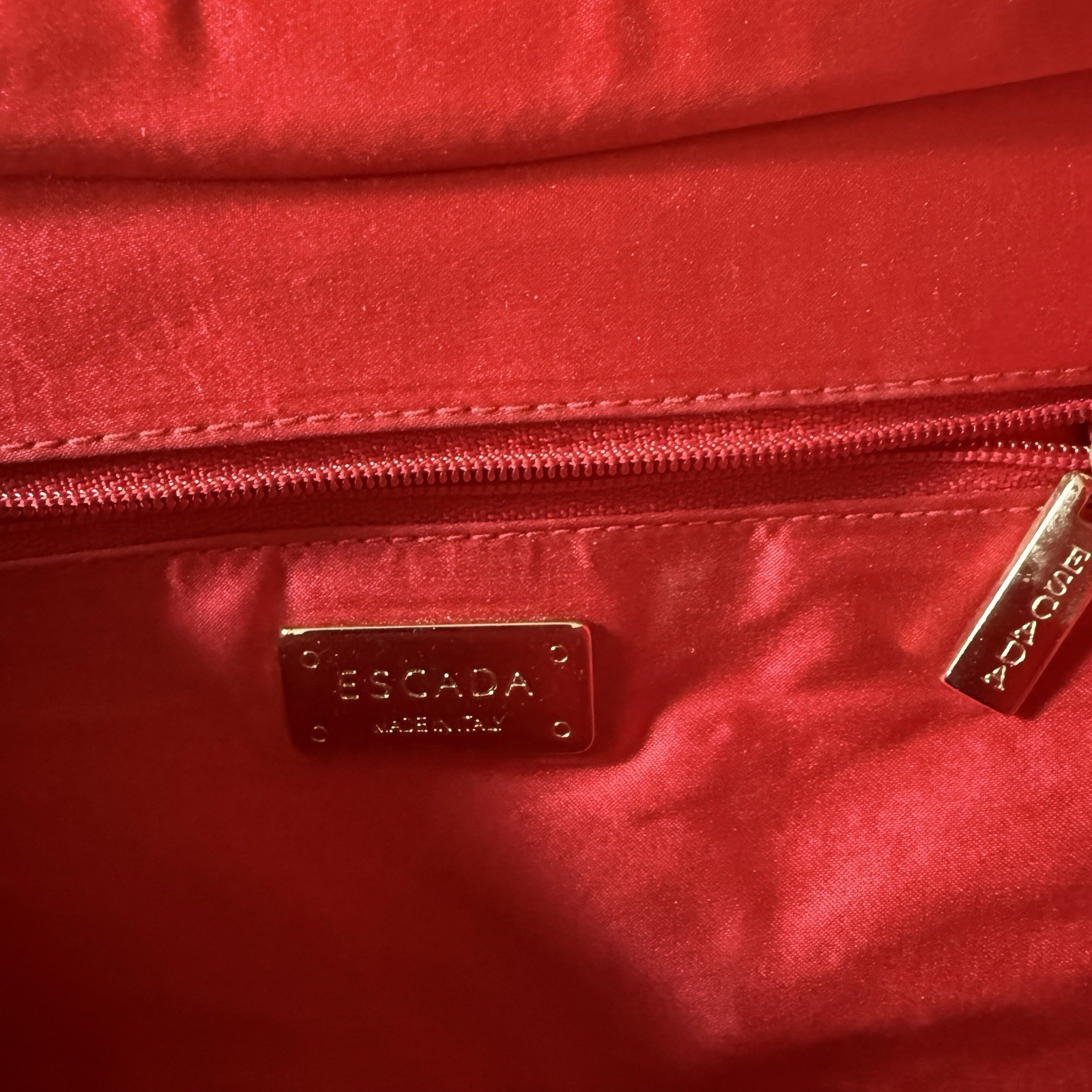 VTG Escada Red Satin Evening Bag Clutch Gold Geometric Link Chain Strap Italy