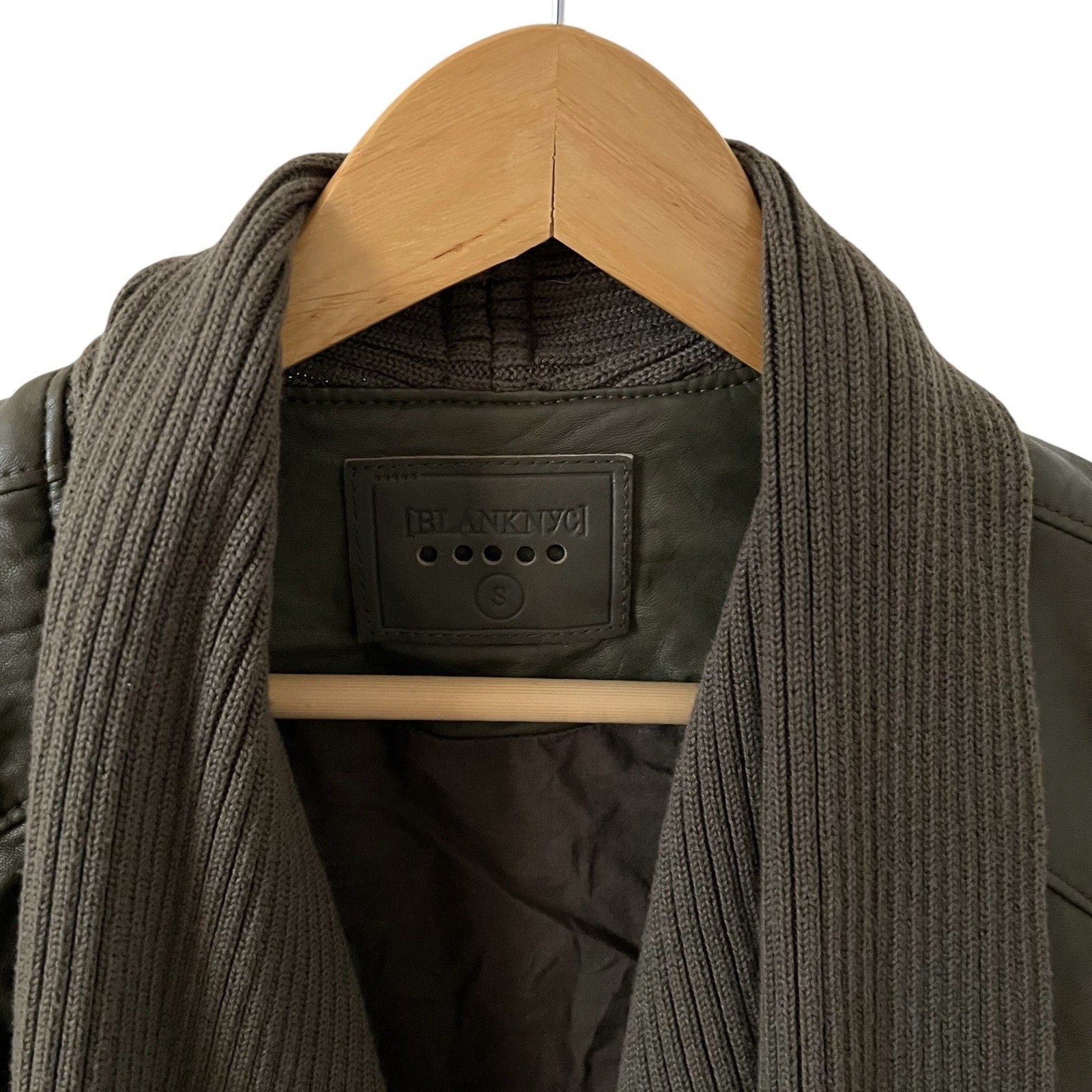Blank NYC Moto Jacket Vegan Leather Knit Mixed Media Olive Green Sz Small