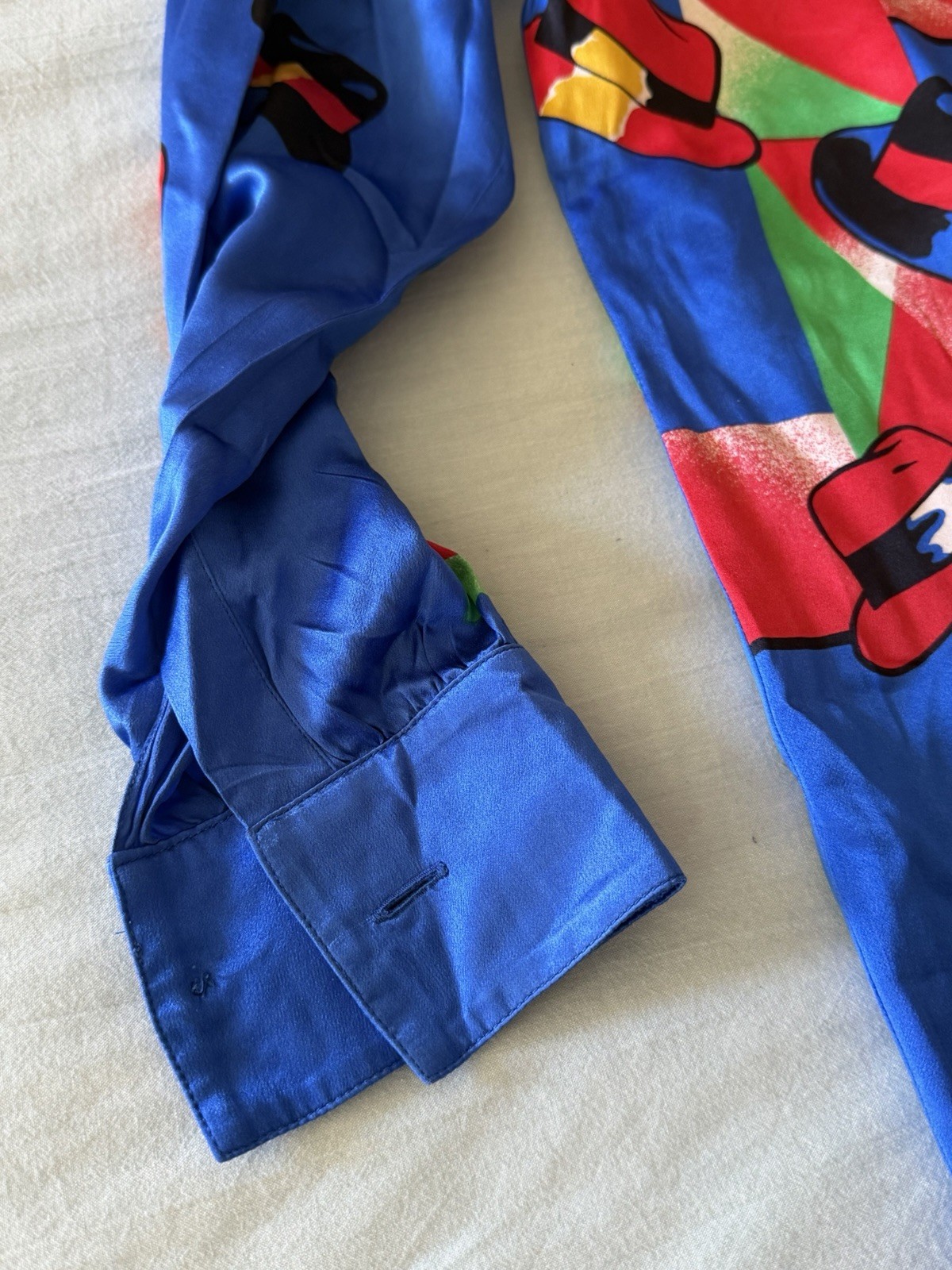 Vintage Escada Cobalt Blue Hat Print Silk Blouse Maxmalism S/M