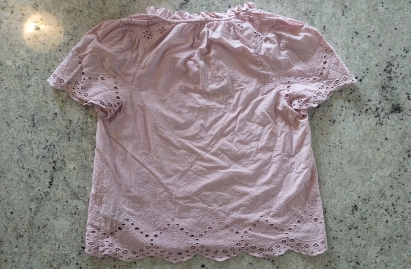 MONSOON Pink Eyelet Cotton Ruffle Embroidered Blouse Round Neck Short Sleeve M