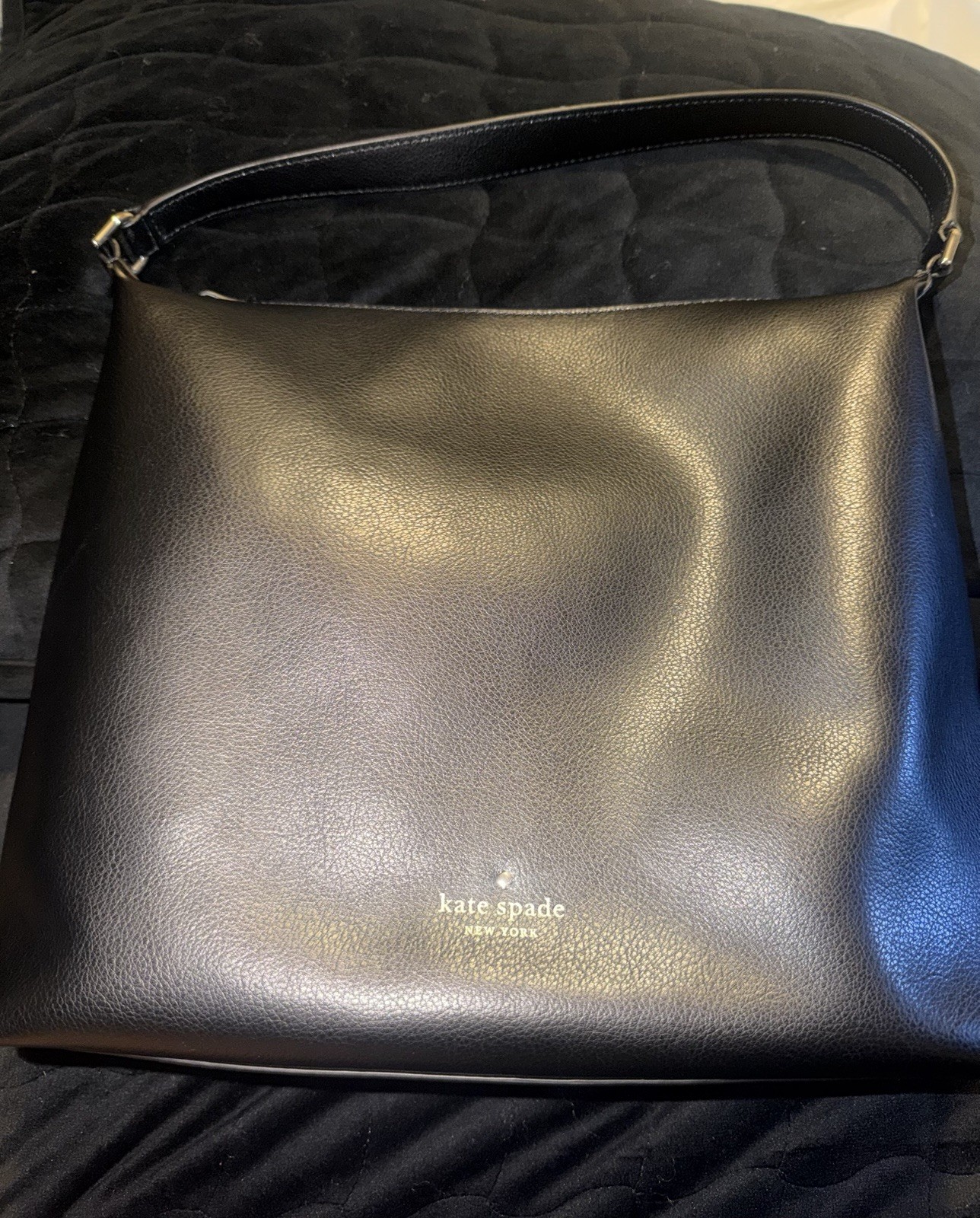 Kate Spade New York Black Zip-Top Shoulder Bag, Logo, Pebbled, Silver