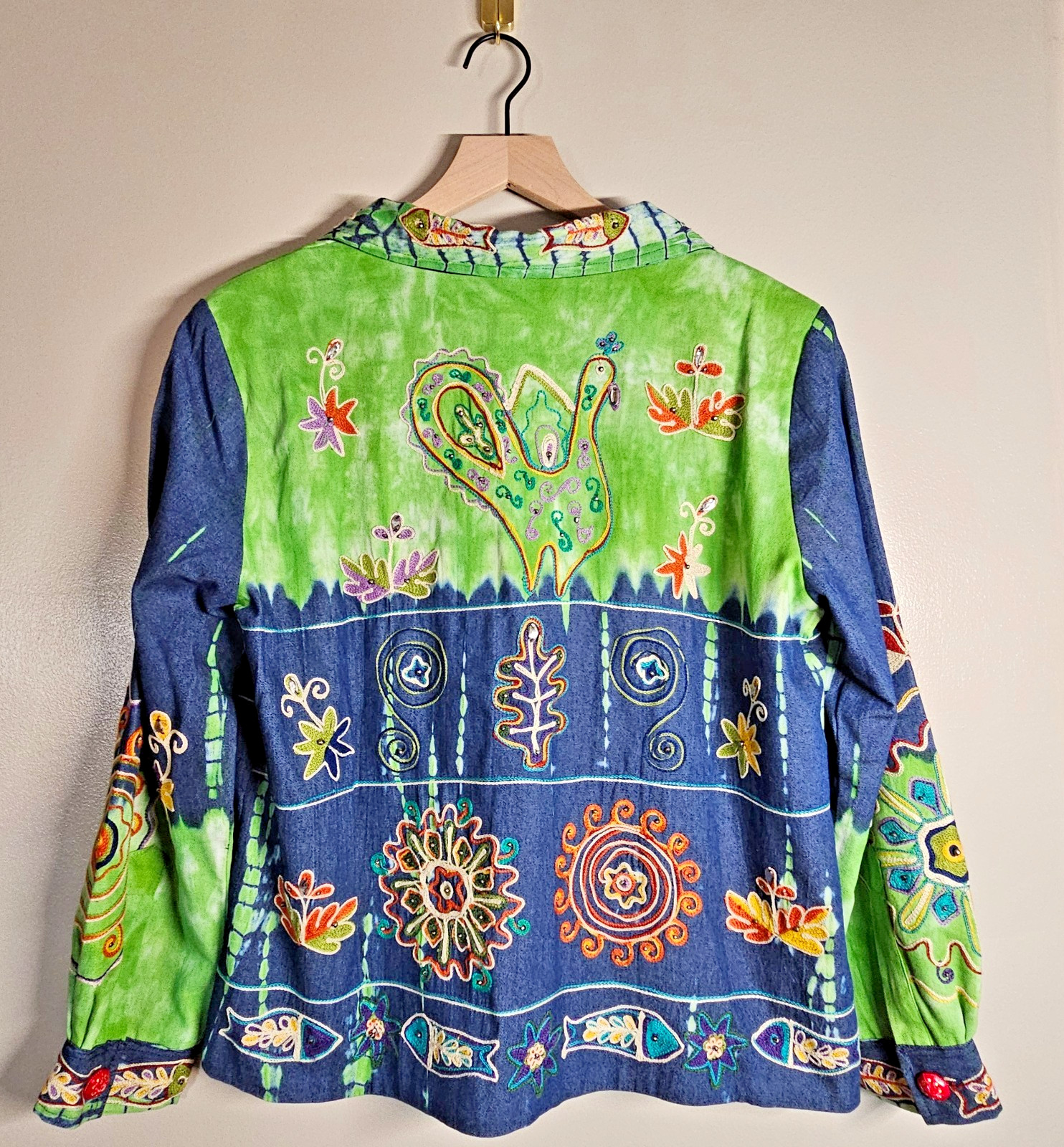 Indigo Moon Large Jacket Green Tie Dye Blue Denim Embroidered Beaded Boho Artsy