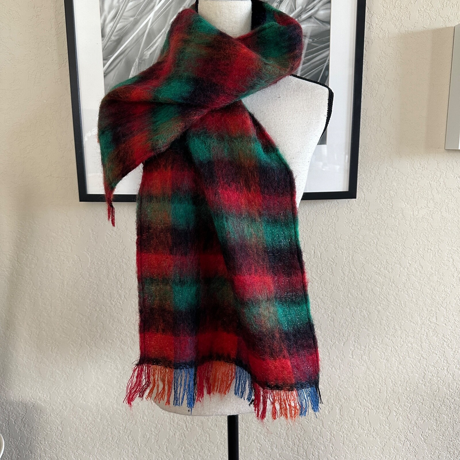 DOLORES Unique Design Mohair Wool Fringe Scarf Plaid Camp Wood Texas