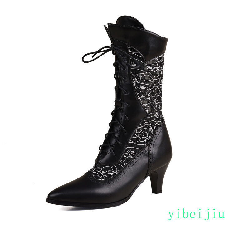 Womens Mid Calf Lace Flower Mesh Boots Kitten Heel Dress Leather Shoes Plus Size