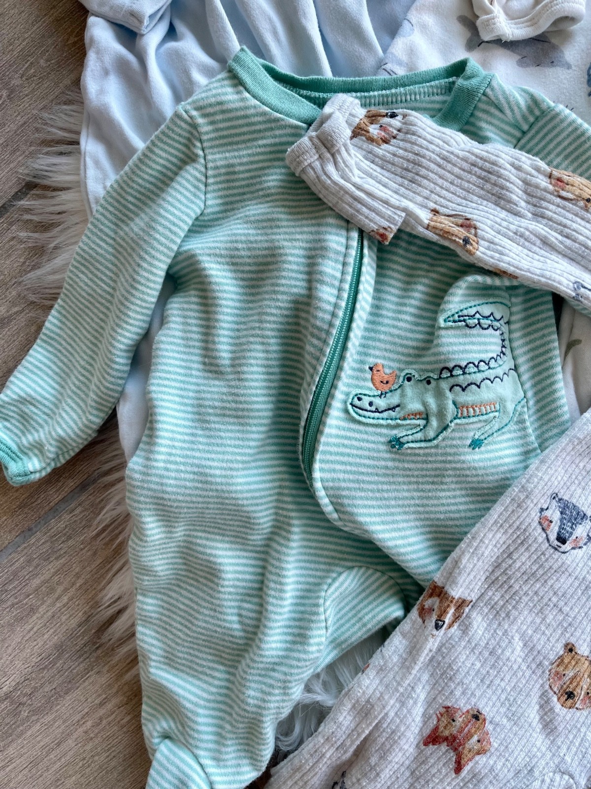 Mixed Baby Boy Newborn Footed Sleepers – Blue, Cream, Mint & Striped Set