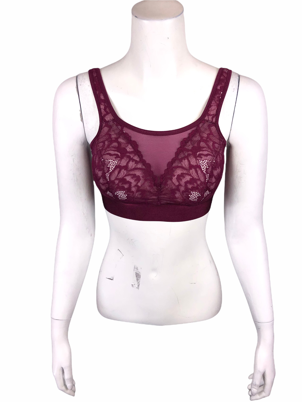 Breezies Women’s Wire-Free Mesh Neckline Lace Overlay Bralette Wine Large Size