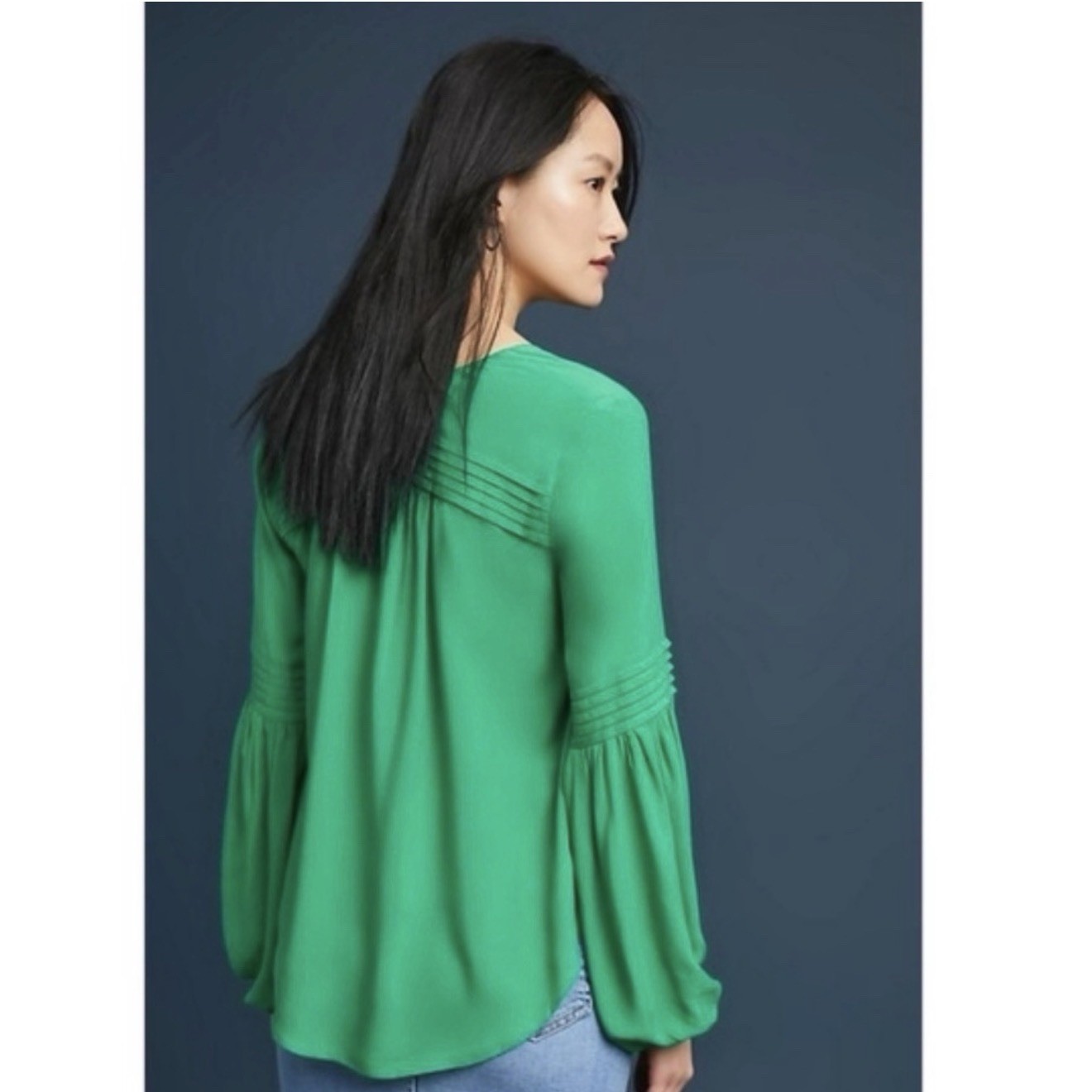 Anthropologie Maeve Ceresco Peasant Balloon Sleeve Top green size small