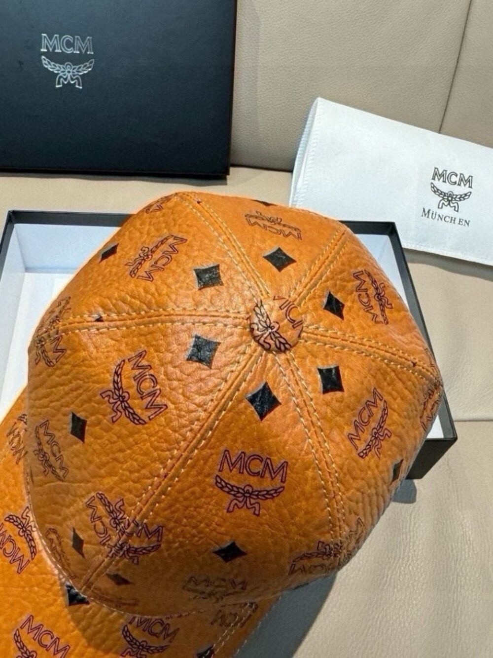 MCM Cognac Visetos Leather Baseball Cap Black Studs Adjustable