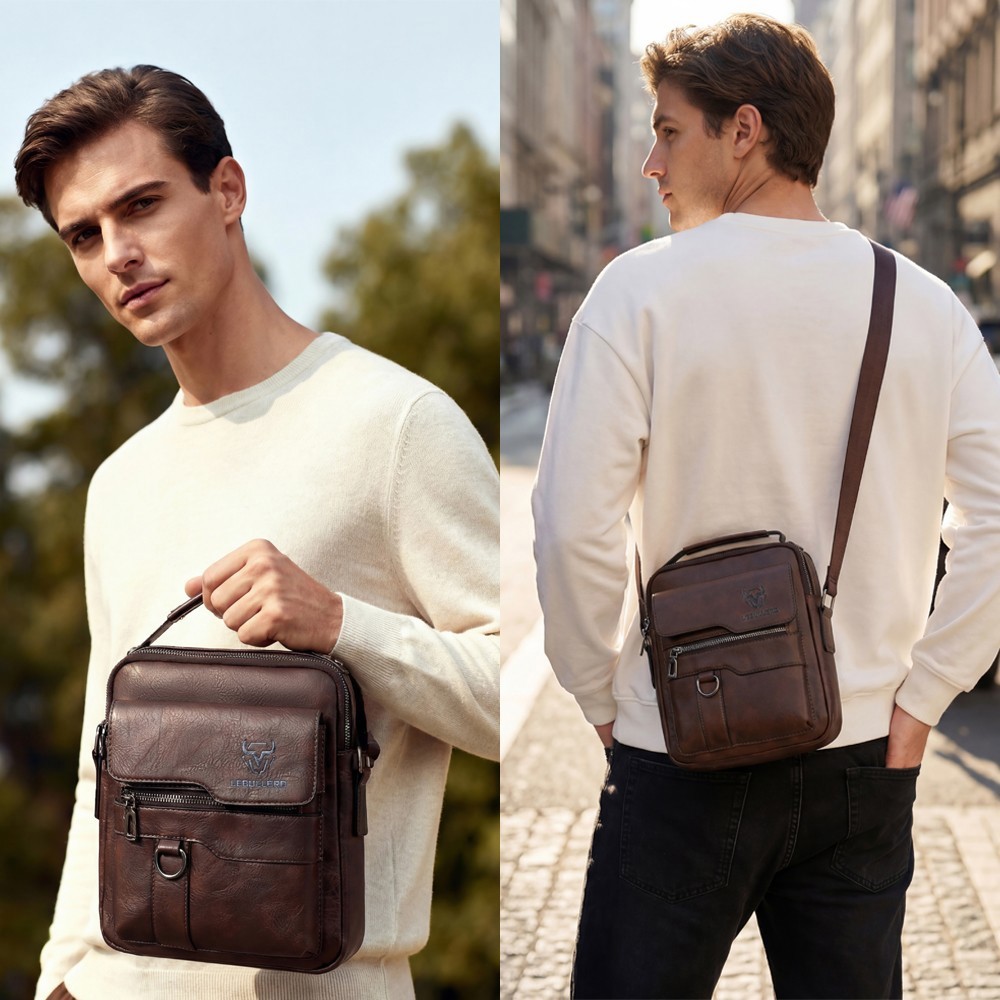 Men’s Shoulder Messenger Bag Business PU Leather 8″ Handbag Outdoor Sport Bag