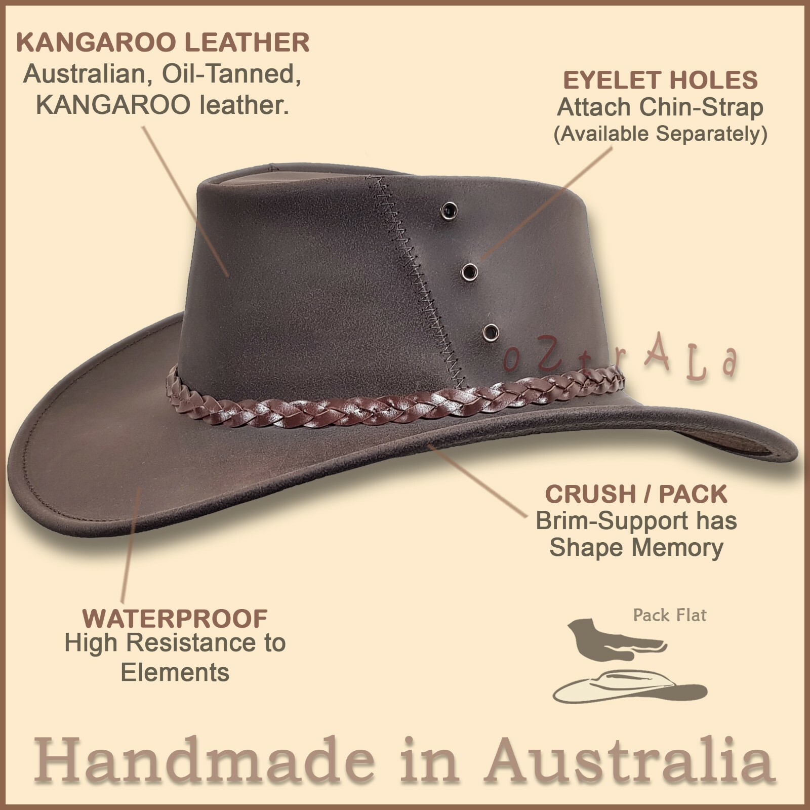 【oZtrALa】 Oiled KANGAROO Leather Hat Cowboy Outback Mens Black Jacaru AUSTRALIAN