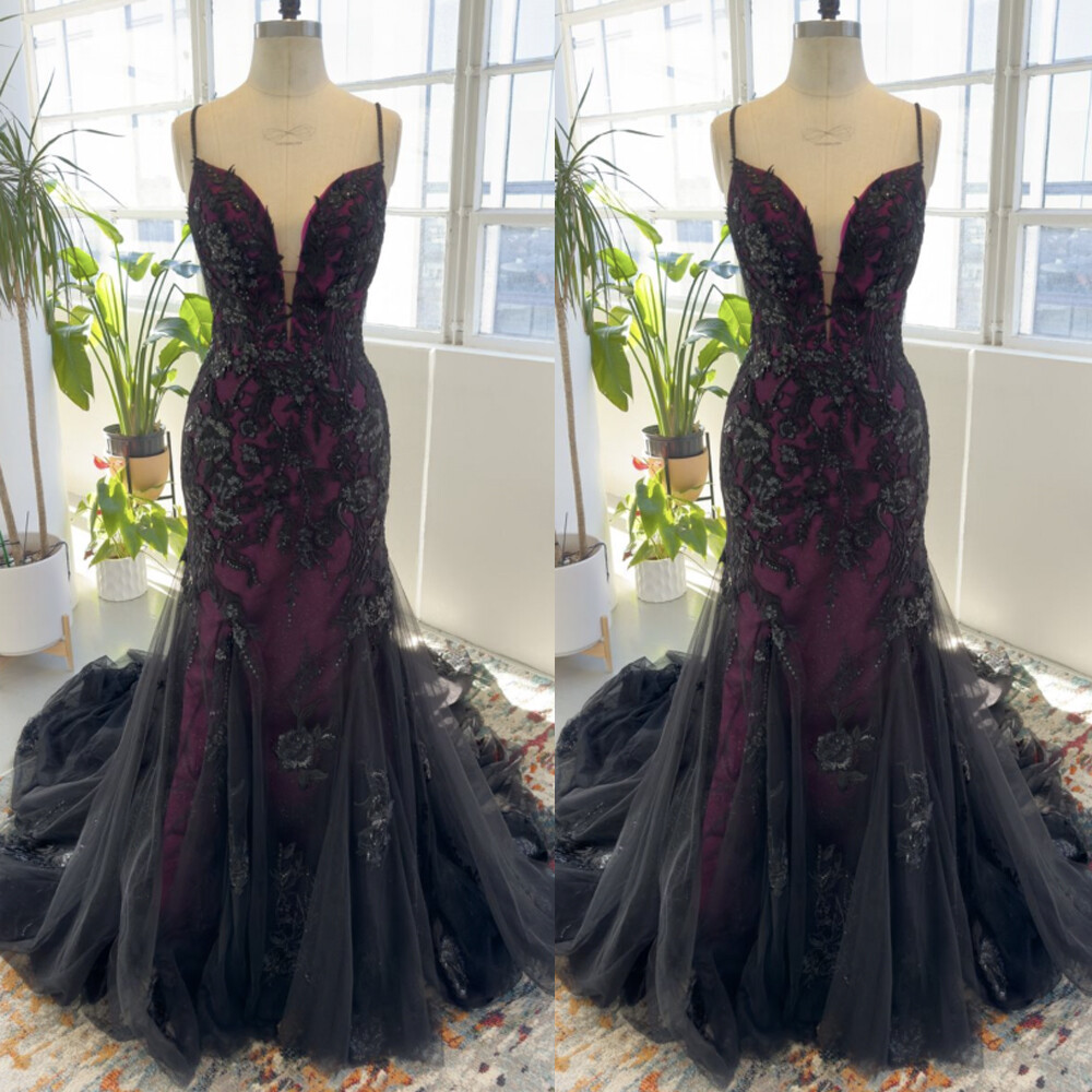 Gothic Black Wedding Dresses Mermaid Spaghetti Straps Sweep Train Bridal Gowns